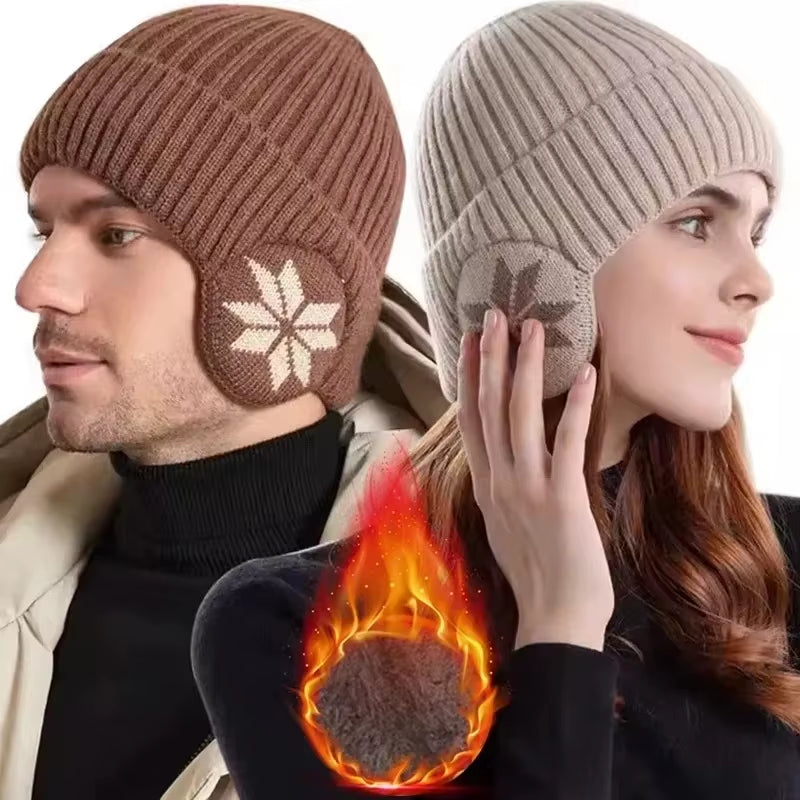 Men Women Winter Warm Plush Knitted Snow Fashion Hat Unisex New Outdoor Coldproof Ear Protection Wool Caps Snowflake Logo