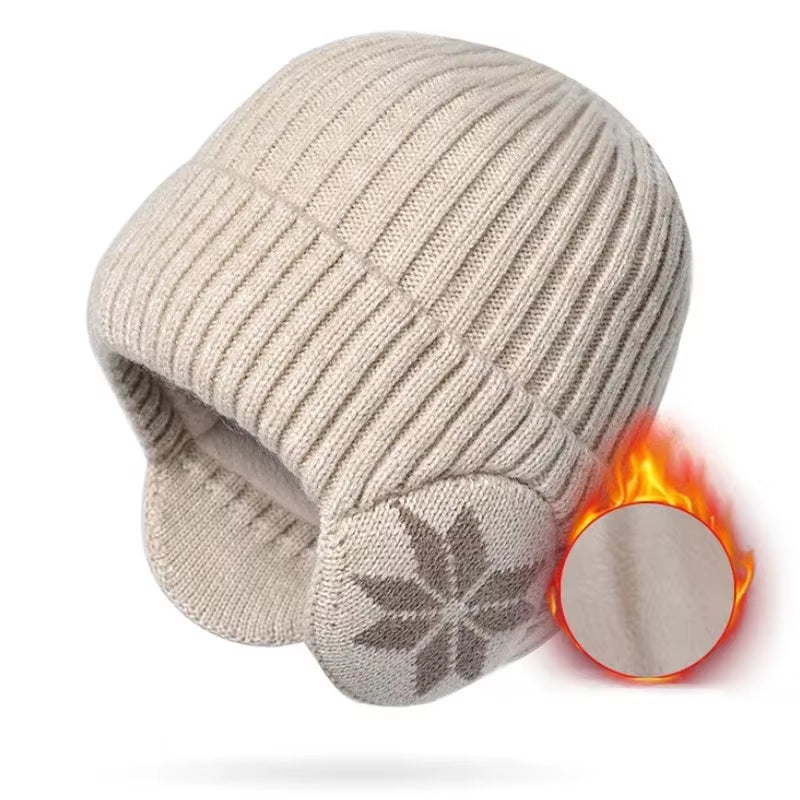 Men Women Winter Warm Plush Knitted Snow Fashion Hat Unisex New Outdoor Coldproof Ear Protection Wool Caps Snowflake Logo