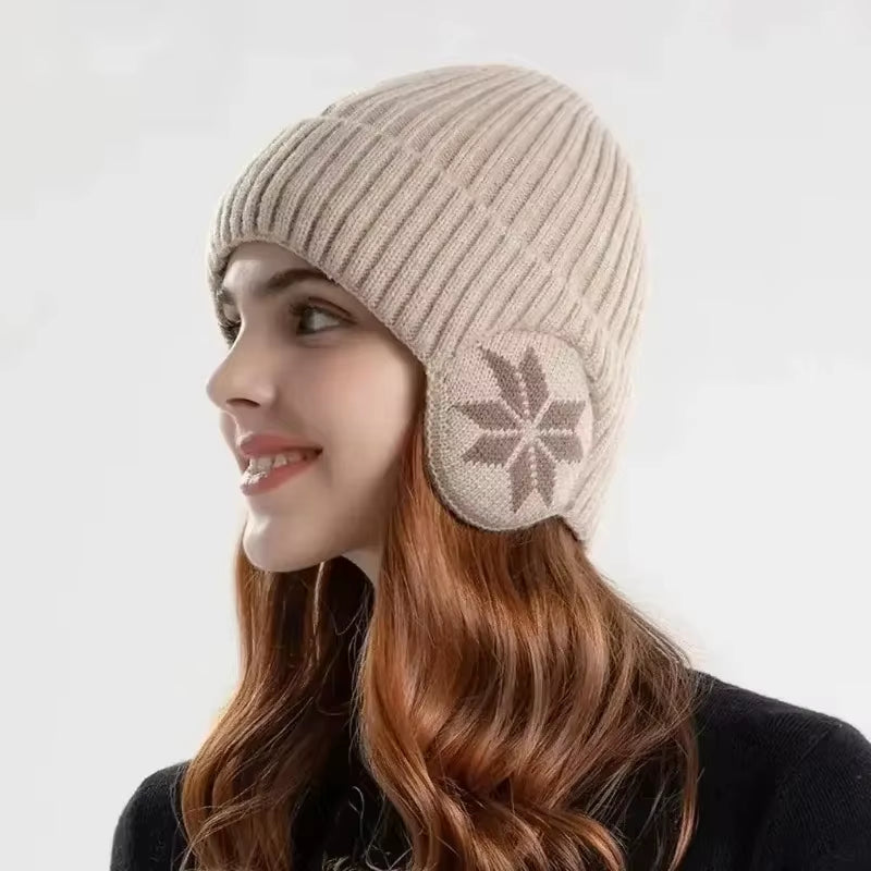 Men Women Winter Warm Plush Knitted Snow Fashion Hat Unisex New Outdoor Coldproof Ear Protection Wool Caps Snowflake Logo
